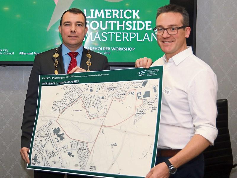 Mayor James Collins looking at maps with Steve Walker Director of Allies and Morrison