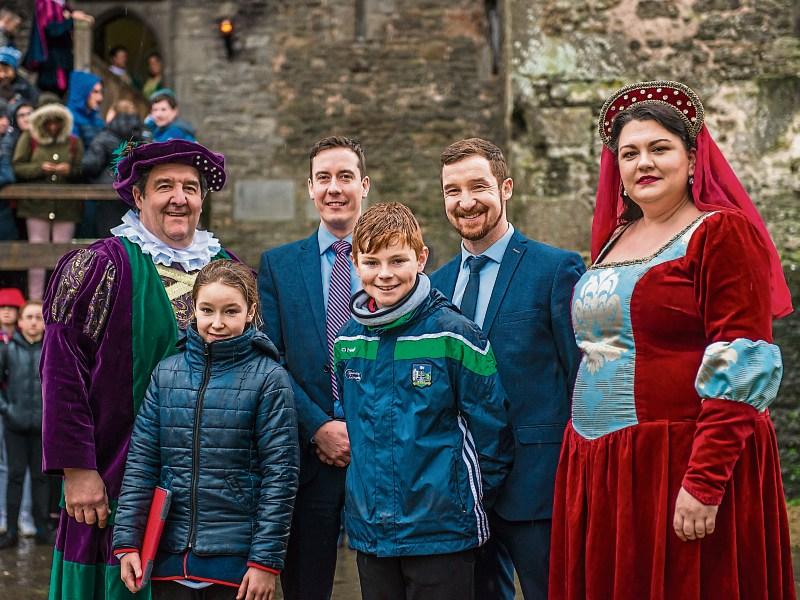 Bunratty Castle entertainer Chris Rowley, Limerick ETSS student Carrie Carroll, Niall O’Callaghan, Limerick ETSS student Jack Flanagan, Limerick ETSS principal Eoin Shinners and Triona Walsh Bunratty