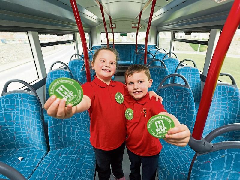 Faye and Archie O’Sullivan from Naionra na Nog at the launch of the Pay It Forward Kindness Festival Picture: Oisin McHugh