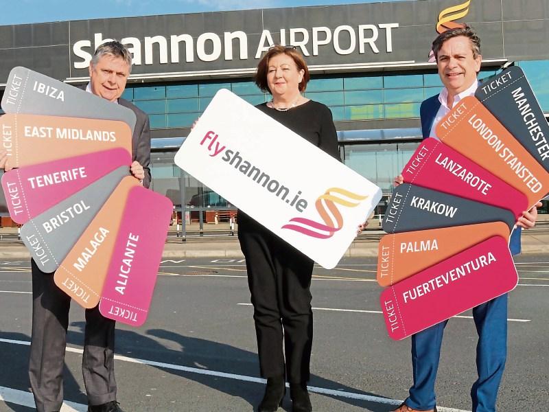 Fergal Deegan of the Limerick Leader with Mary Kennedy and Declan Power of Shannon Airport announcing the flights giveaway
