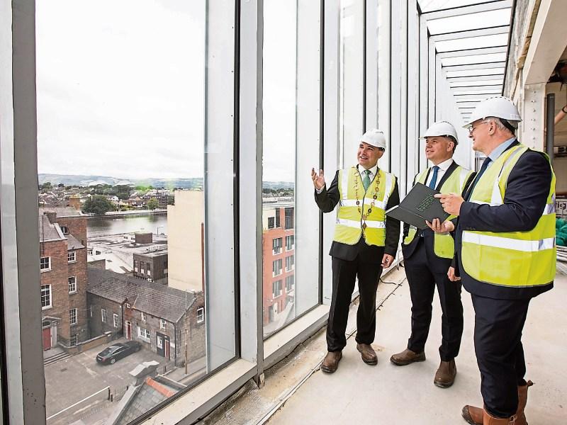 Limerick Twenty Thirty CEO David Conway flanked by Mayor of Limerick Cllr James Collins and Nordic Aviation Capital chief commercial officer Jim Murphy in the Gardens building