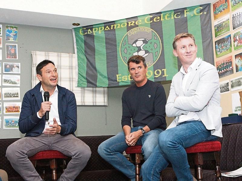 Roy Keane in Hayes’ with interviewer, Mike Aherne, and UEFA head of development and Cappamore Celtic FC president, Noel Mooney, left Picture: Dave Gaynor