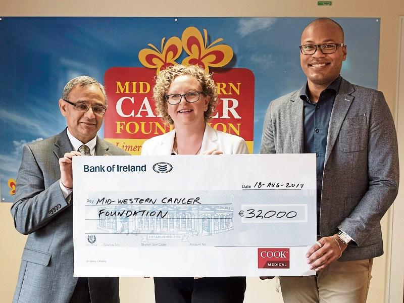 Pictured presenting the cheque to Prof Rajnish Gupta were Angela Moloney and Jonathan Vaslin