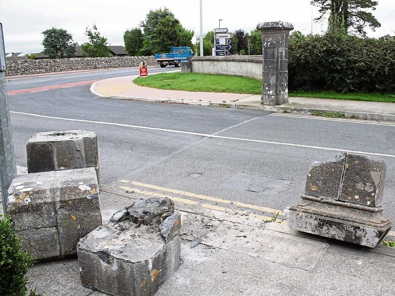 The stone column at the gates of Mungret College after it was damaged in the early morning incident Pictures: Michael Cowhey