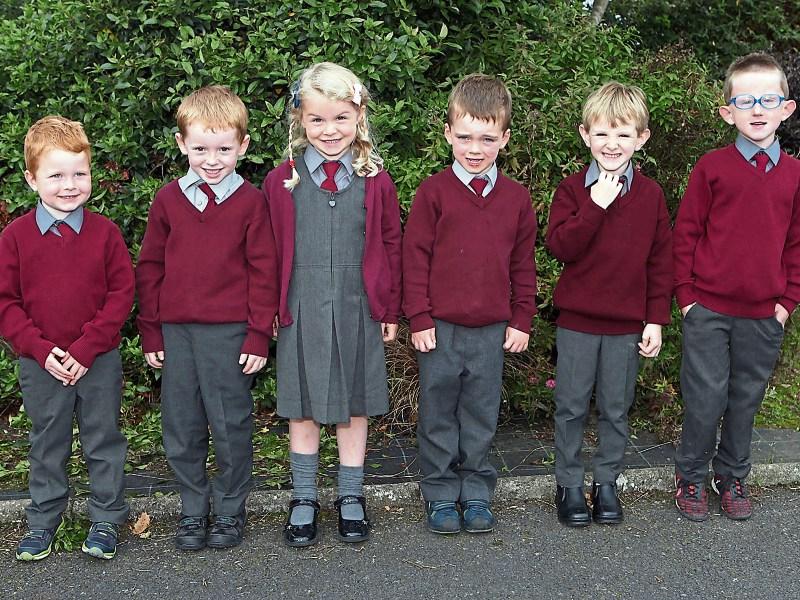 Cathal O'Donoghue, Danny Anglim, Katie O'Donoghue, Kieran Condon, Colm Mulcahy and Jake Gallagher at their first day at school in Ballysteen NS Picture: Dave Gaynor