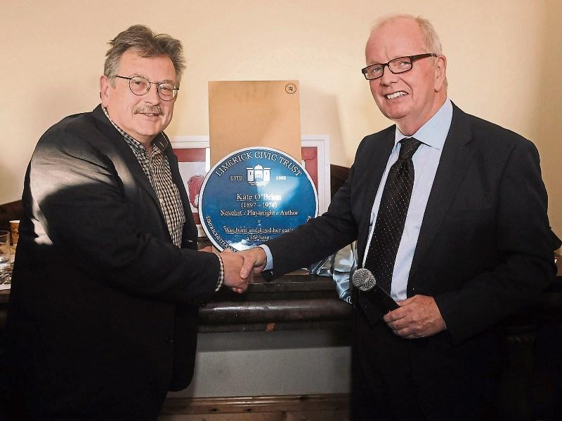 Dominic Taylor, of Limerick Writers Centre, with University of Limerick president Prof Des Fitzgerald at launch of commemorative plaque for author Kate O’Brien Picture: Brian Arthur