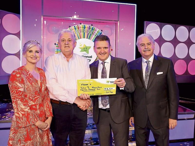 John Moynihan won big on Winning Streak at the weekend. He is pictured with co-hosts Sinead Kennedy and Marty Whelan and Fergus Roche of the National Lottery Picture: Mac Innes