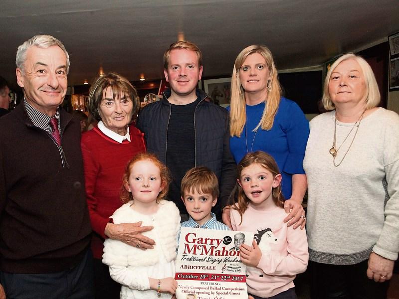 Owen McMahon, Joan McMahon, Rossa McMahon, Treasa McAuliffe, Mary O'Connor, Nell and Cathal McMahon and Orlaith McAuliffe at the launch of the Garry McMahon Singing Weekend