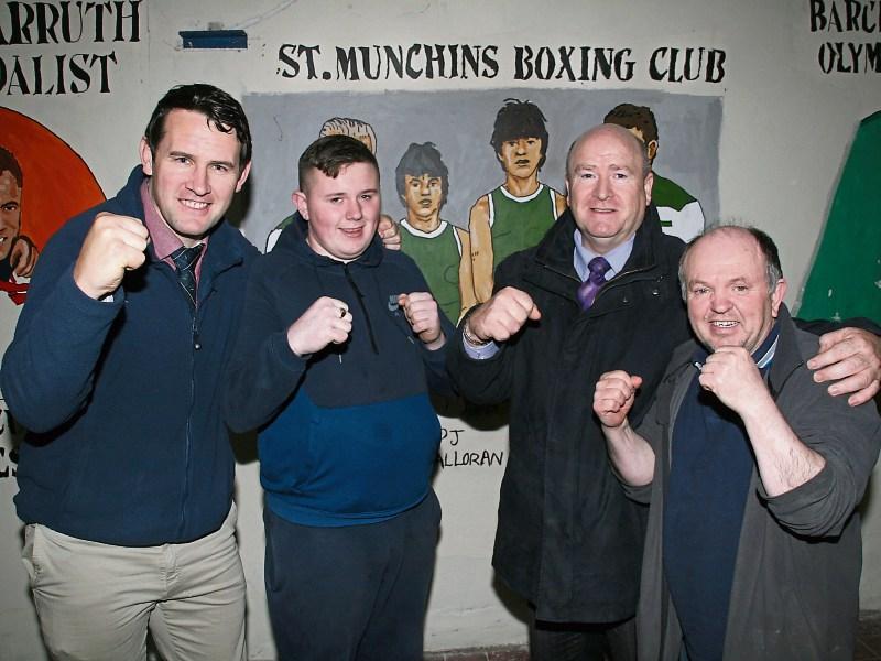 Getting ready for the reopening of St Munchin’s Boxing Club: Cllr Frankie Daly, club president, boxer Colin Collins, Metropolitan mayor Sean Lynch and Pat O'Halloran, chairman Picture: Adrian Butler