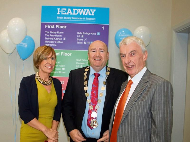 Pictured at the opening of Headway’s new premises in Upper William Street were Louise Carey, manager, Metropolitan district mayor Sean Lynch, and chief executive Kieran Loughran