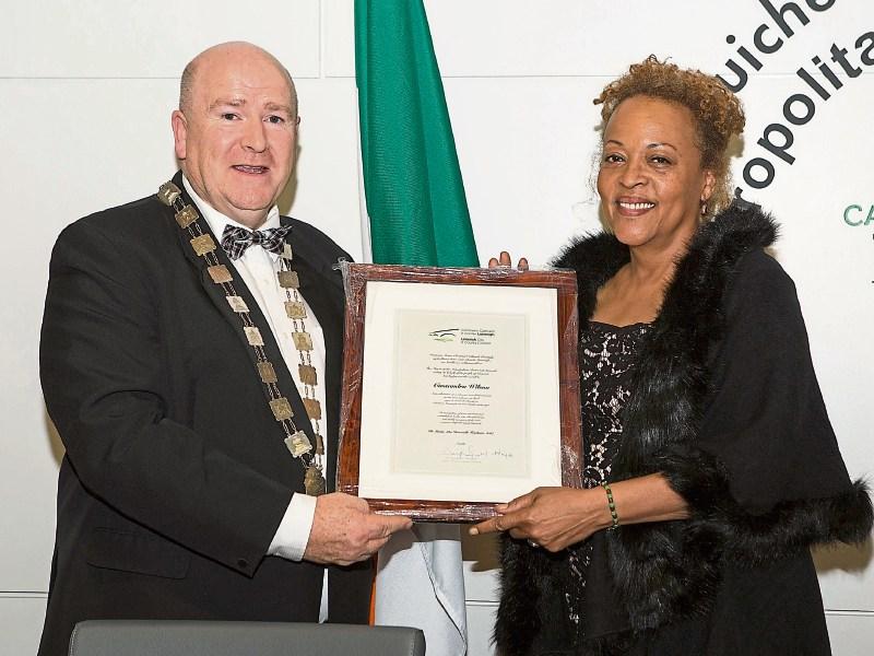 Cassandra Wilson with Metro mayor Cllr Sean Lynch at the civic reception Picture: Liam Burke/Press 22