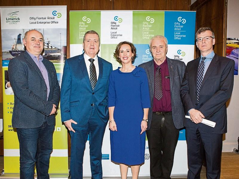 At the seminar are Gerard Murray, MD Aaron PCB Assemblies, Minister Pat Breen, Carole Coleman, seminar moderator, Dan Hegarty, customs compliance expert and keynote speaker, Dr Alan Ahearne
