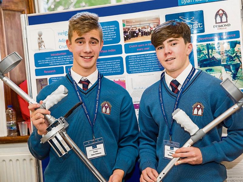 Dylan Moloney, left, and Thomas Curtin with their lever operated hydraulic crutch 