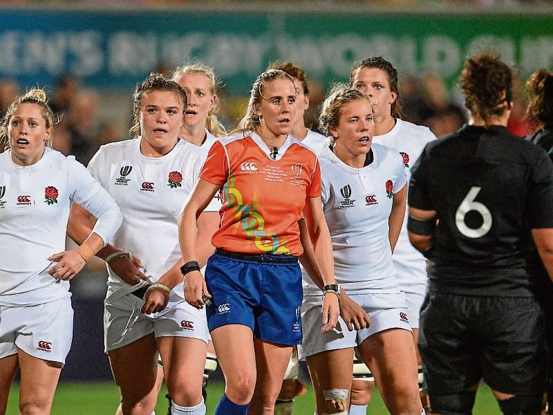 Referee Joy Neville in action during the 2017 Women's Rugby World Cup Final and below, receiving her award in Monaco
