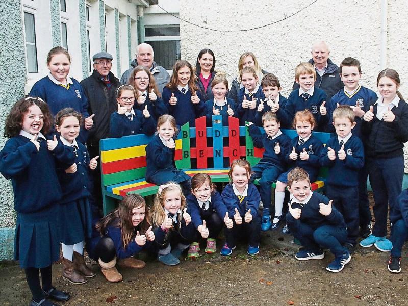 Castleconnell NS’s buddy bench gets a thumbs up from pupils, who came up with the idea. 