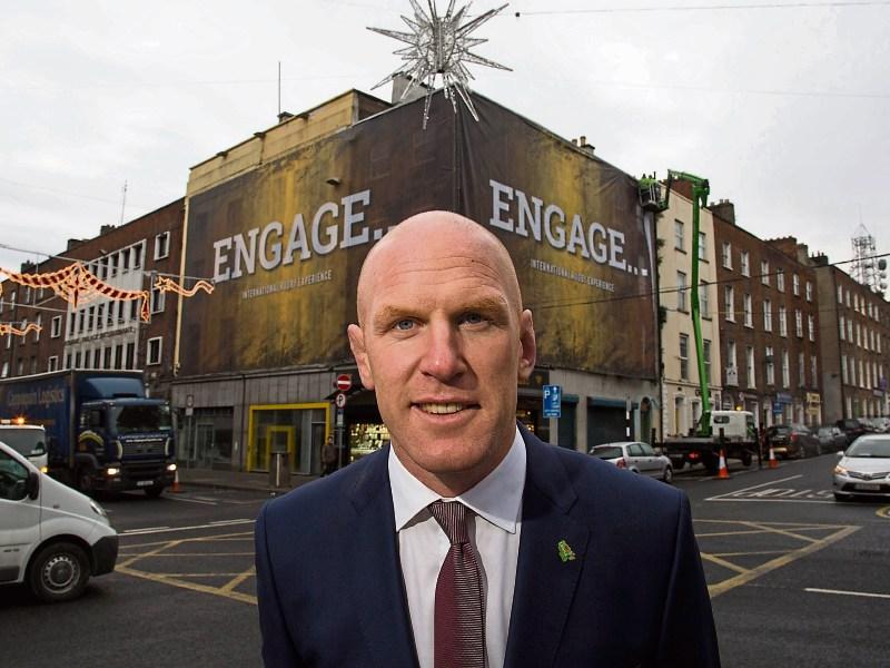 Paul O'Connell at the site for the International Rugby Experience on O'Connell Street and below, the plan by Níall McLaughlin architects