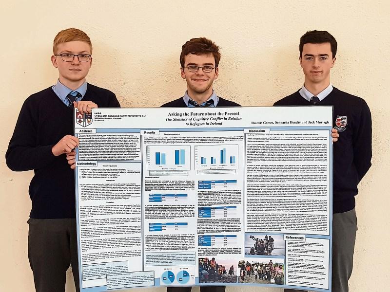 Crescent College Comprehensive’s Donnacha Henchy, Thomas Gomes, and Jack Murtagh with their Young Scientist project