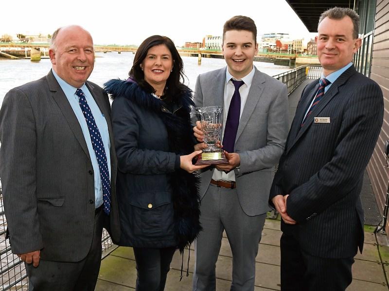 Mary O'Riordan, Southern, presenting the Limerick Person of the Month award to Chris Kelly, Pinpoint Innovations, with Limerick Leader managing editor, Eugene Phelan and Clayton Hotel boss Pat Reddan