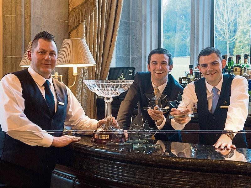 Ariel Sanecki, National Cocktail Champion, Best Technical Bartender, Best Hotel Bartender, Finbar Collins, Best Cocktail Garnish and Skirmantas Lelys, Best Junior Bartender, at the bar in Adare Manor