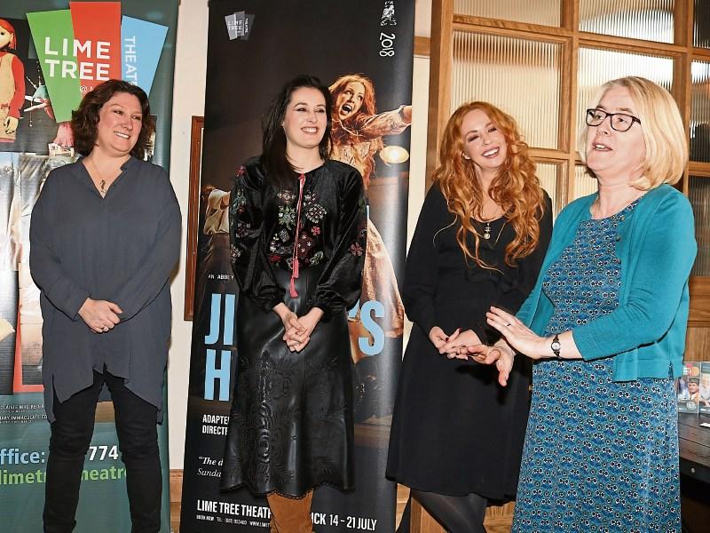 Louise Donlon of the Lime Tree speaking at the launch of the Abbey Theatre’s tour of Jimmy’s Hall, with producer Sarah Lynch and cast members Sarah Madigan and Lisa Lambe Picture: Adrian Butler