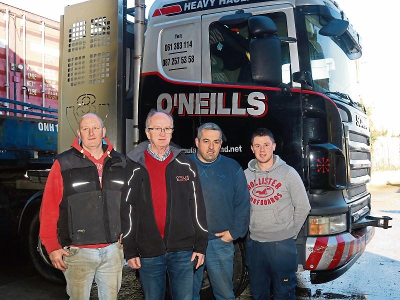 At the launch of Sunday’s Lar O' Neill memorial truck and tractor run in Hospital are Anthony Keyes, Jimmy O' Neill, John Dineen, and Darragh O Mahoney  Picture: Michael Cowhey