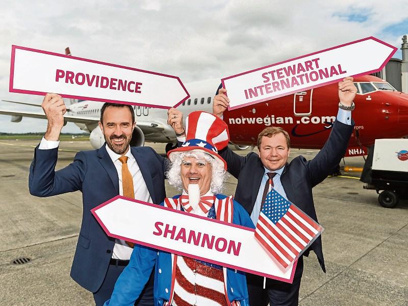 Andrew Murphy, Shannon, Tore Jenssen, CEO, Norwegian Air International, and Uncle Sam' Aidan Fox launching the routes in 2017 Picture: Diarmuid Greene