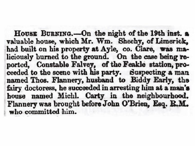 Biddy Early mentioned in the Limerick Chronicle on September 28, 1853 during the arrest of her husband for arson