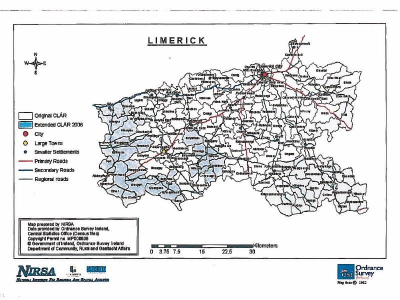 A map of Limerick showing the designated CLÁR areas highlighted in blue
