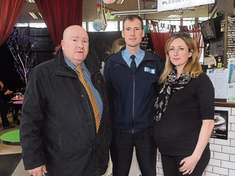 Cllr Sean Lynch with Sgt Kevin Balfe, Henry Street, and Lesley-Anne Liddane