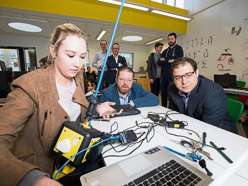Jason Cohen (far right) and Paul Vesey, LIT, review a final year project from software development student Louise McKeown Picture: Sean Curtin/True Media