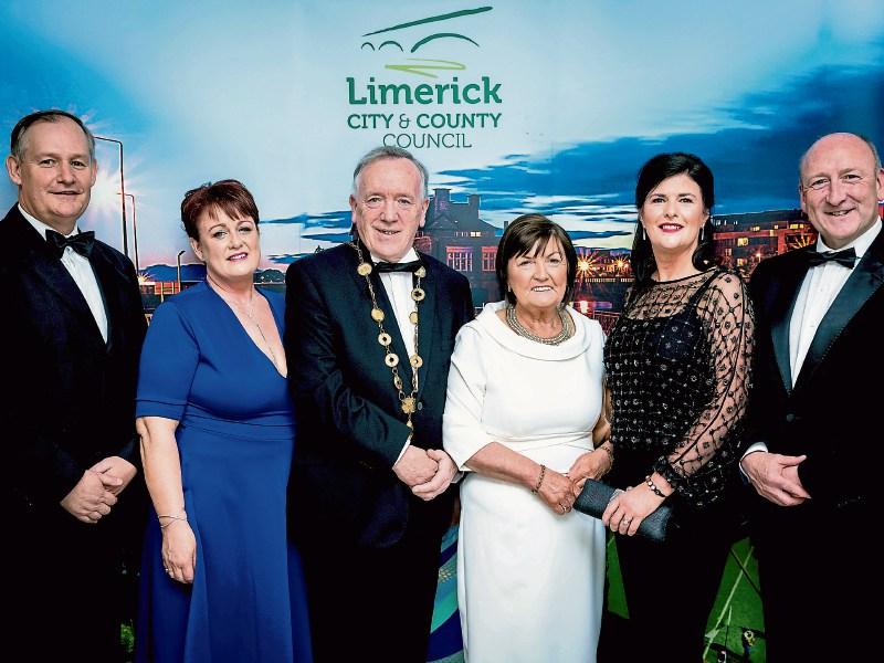 Mayor Stephen Keary and his wife Bridie pictured here with Con Murray, CEO Limerick City and County with his wife Anne, Mary and Pat Daly, LCCC at the Mayors Charity Ball in the Dunraven Arms