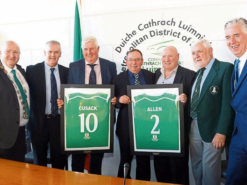 Tony Cusack and David Allen are presented with jerseys from Shelbourne FC at the mayoral reception with Mayor of Limerick Sean Lynch and John Delaney, FAI present Picture: Brendan Gleeson