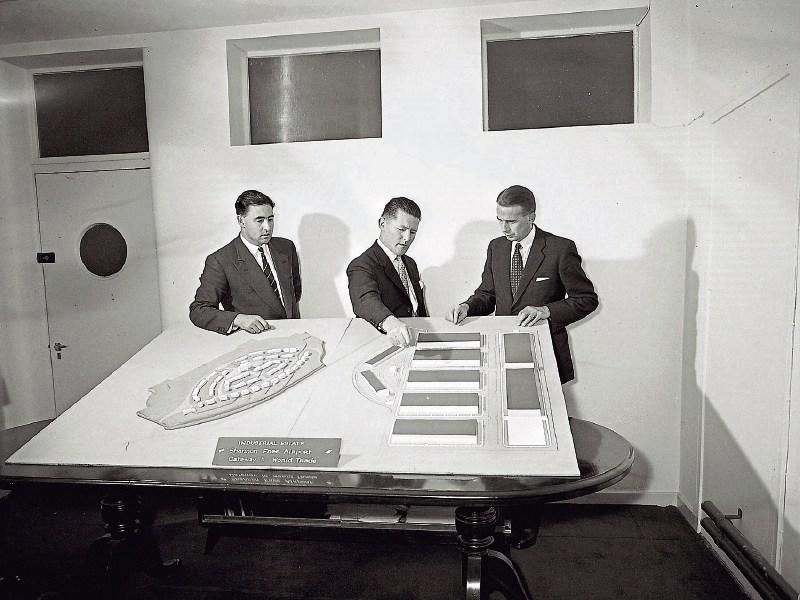 Brendan O&rsquo;Regan with J.C. Lynch and Tom Callanan reviewing model of Ireland&rsquo;s first industrial estate at Shannon July 1958
