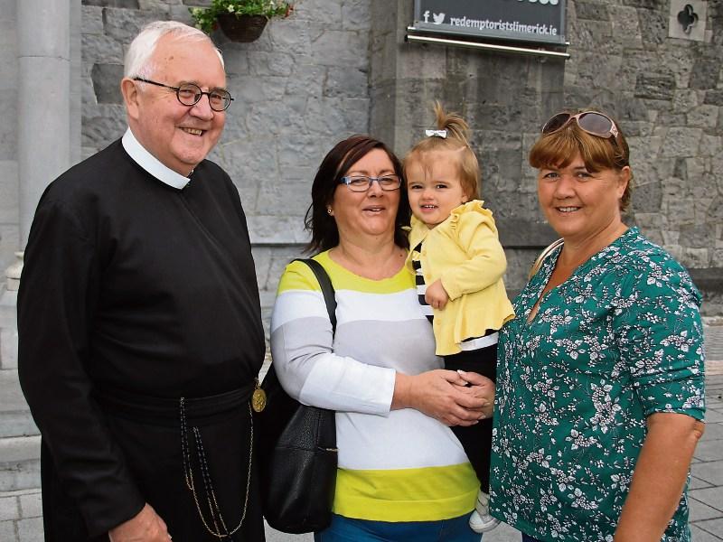 Celebrating the first day of the nine-day Novena at Mount St Alphonsus were Fr Seamus Enright, Caroline and Amelia O'Doherty, Old Cork Road and Susan Lipper, Old Cork Road Picture: Adrian Butler