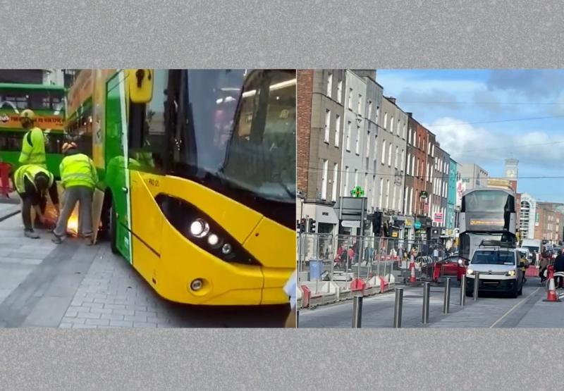 Chaotic scenes on Limerick street as double-decker bus gets stuck on pole