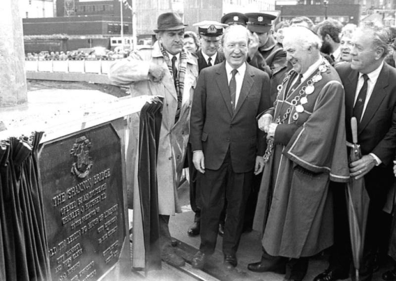 Twenty-six years on: Taoiseach Charles Haughey opening the �3.6m Shannon Bridge in 1988 with Mayor Tim Leddin