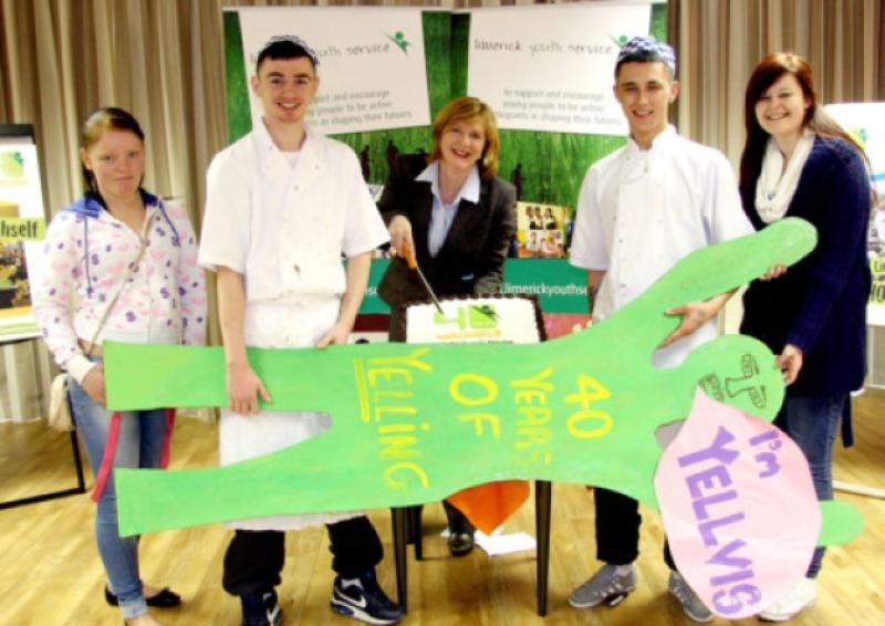 Happy Birthday to you!: Nikita Grace, O'Malley Park, Keith Howard, Garryowen, Catherine Kelly, Limerick Youth Service, Dean Leo, Moyross and Stacey Lyons, Ballynanty, pictured with the LYS mascot 'Yelvis' to officially launch its 40th Birthday Party. Picture: Dave Gaynor