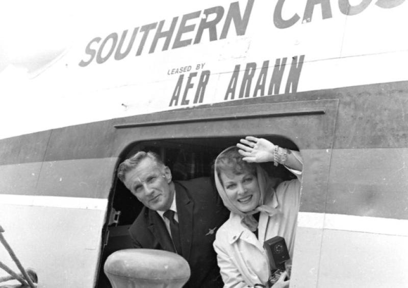Longtime patron of the Foynes Flying Boat & Maritime Museum, actress Maureen O'Hara, arriving by seaplane at Foynes with her husband, Captain Charles F. Blair, in July 1976. Below, Bill Riordan and Peggy Foran and friends picnicking on OBrien Island during the summer of 1942