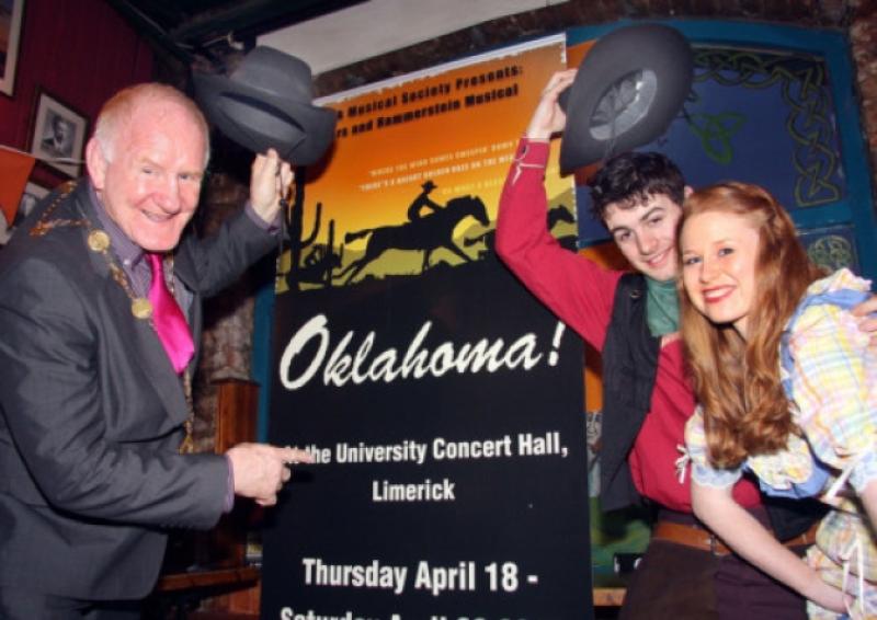 Mayor Gerry McLoughlin with Michael O'Dwyer as Curley and Orla Walsh as Laurey, launching Limerick Musical Society's production of Oklahoma. Picture by Dave Gaynor