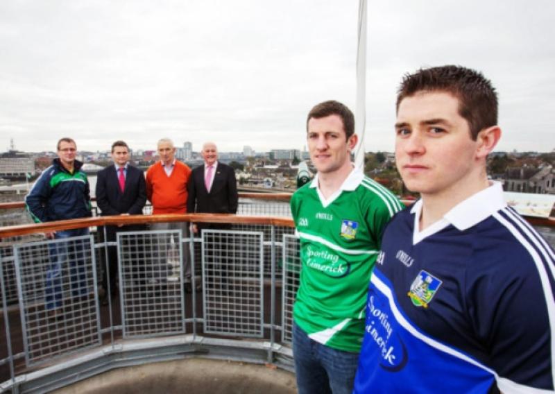 Limerick hurler Donal O'Grady and football John Riordan pictured at Kinh Johns Castle for the launch of hte 2014 jersey. Also pictured Limerick football manager John Brudair, hurling manager TJ Ryan, Limerick GAA chairman Oliver Mann and Walter Shannahan, representing sponsor JP McManus