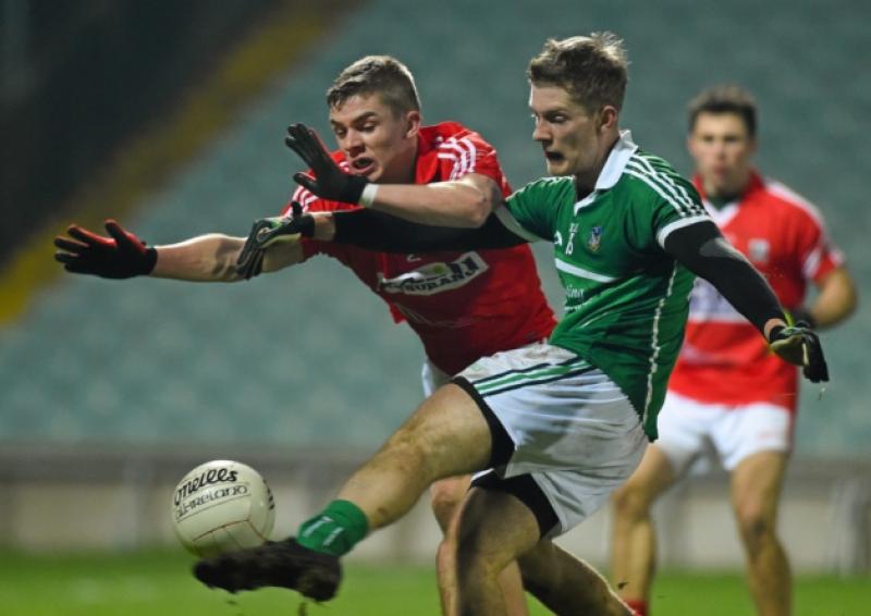Kevin Moore, Limerick, in action against Dylan Quinn, Cork in the Gaelic Grounds this Wednesday night