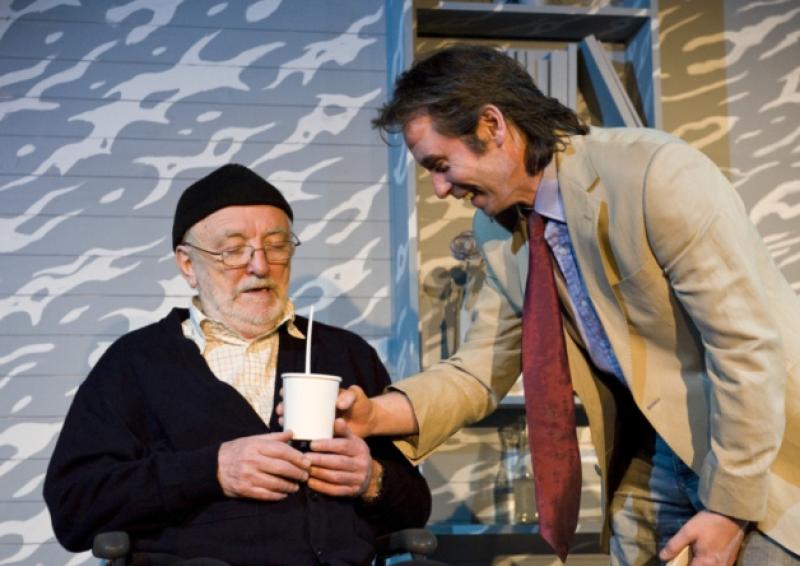 Terry Byrne as Morrie and Andrew Murray as Mitch in the heart warming play Tuesdays with Morrie, returning to the Lime Tree Theatre next week