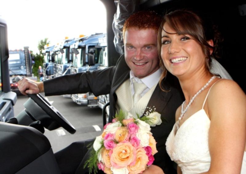 Brian Fitzgerald and Martina Giltenane in the cab of the truck they received as a wedding present from Brian's father Jim. Picture: Dave Gaynor