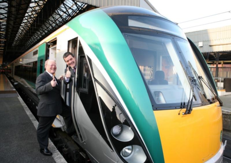 Former Minister for Transport Noel Dempsey and previous chairman of Iarnroid Eireann John Lynch launching the Limerick to Galway route
