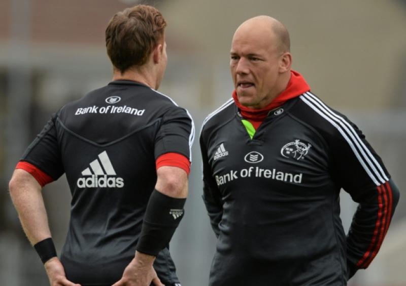 Munster's BJ Botha, right, and Cathal Sheridan during a warm up drill at  training at Thomond Park this week ahead of their crucial Guinness PRO12 clash with Ulster at Kingspan Stadium on Saturday, 2.40pm
