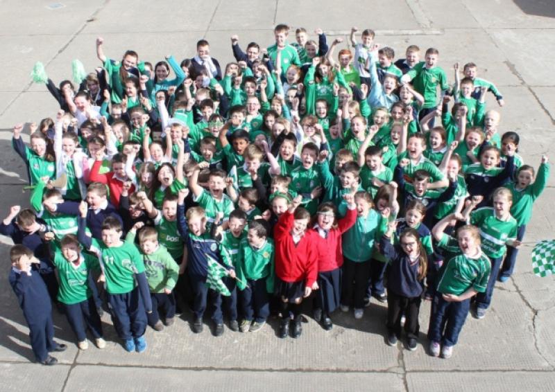 Children from Kilmallock National School show their support for the hurlers