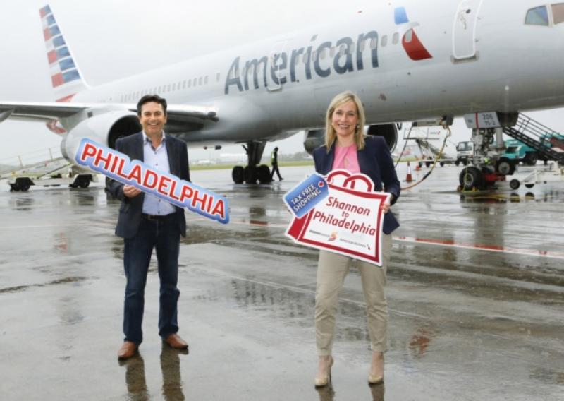 Declan Power, head of aviation development, Shannon Airport, and Fiona Noonan, account sales manager, American Airlines, celebrate the return of the Philadelphia route. Picture: Don Moloney/Press 22