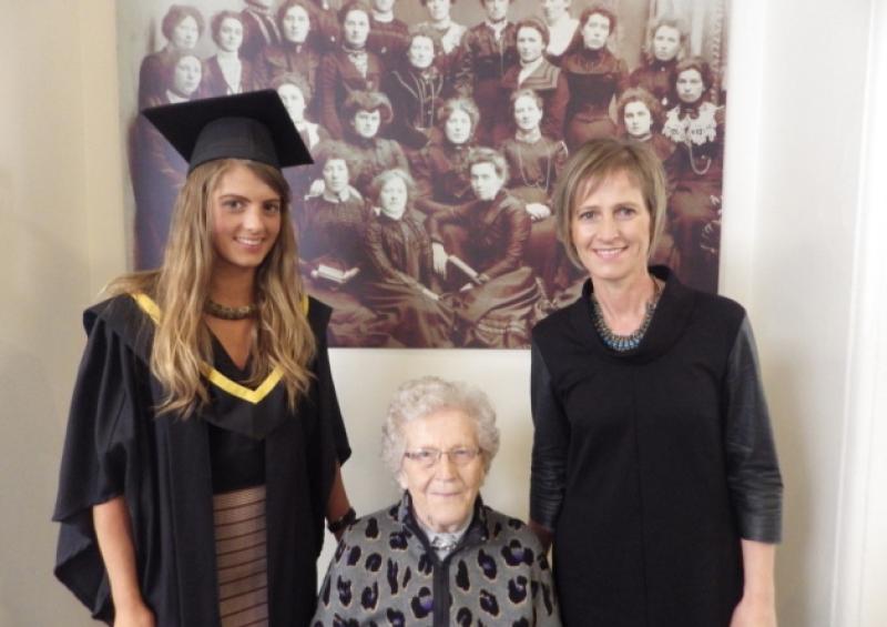 Kathleen Hogan, Limerick, marks the fourth generation in her family to graduate from the Mary Immaculate College. Pictured with her mother Una Keane, who graduated in 1982, and granny Pauline Nugent, who graduated in 1944, in front of a photograph of Pauline's aunt Theresa Roughan who was one of the College's first graduates in 1902