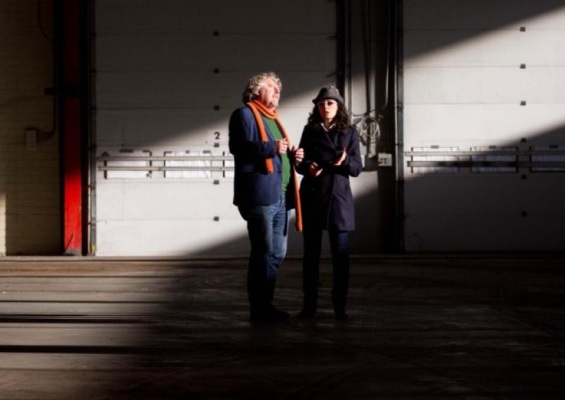 Interim Cityof Culture CEO Mike Fitzpatrick shows Fuerzabruta company manager Mariana Mele around the Culture Factory in Castletroy (Picture: Alan Place) and below, an image from the spectacular show