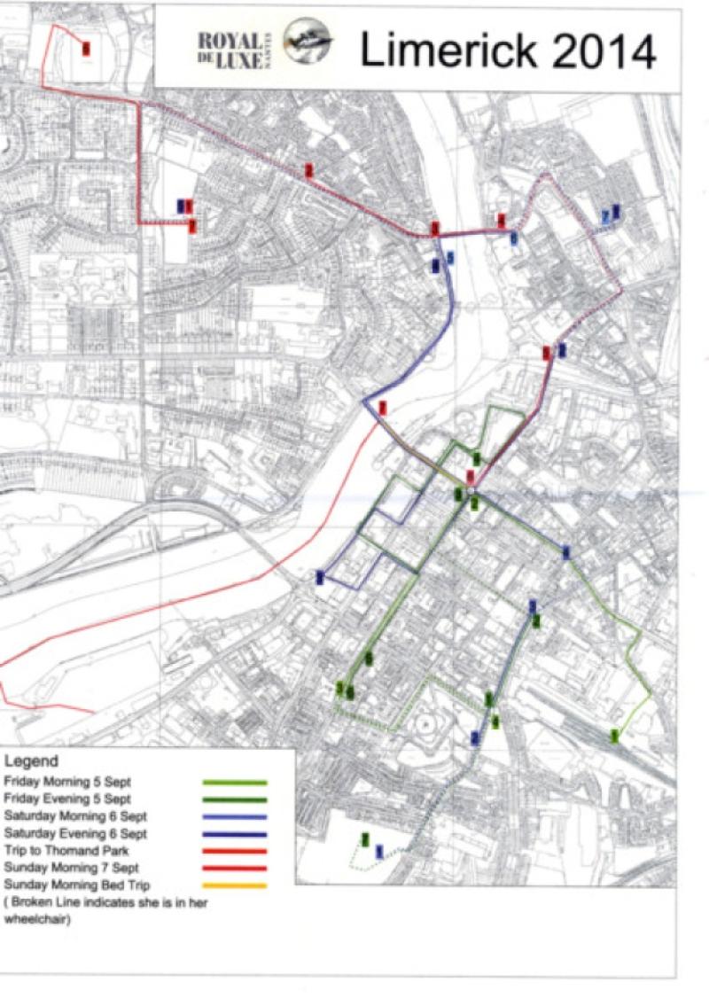 A scan of the draft routing for the Giant's Journey through the city in September, which has been filed with  an event licence
